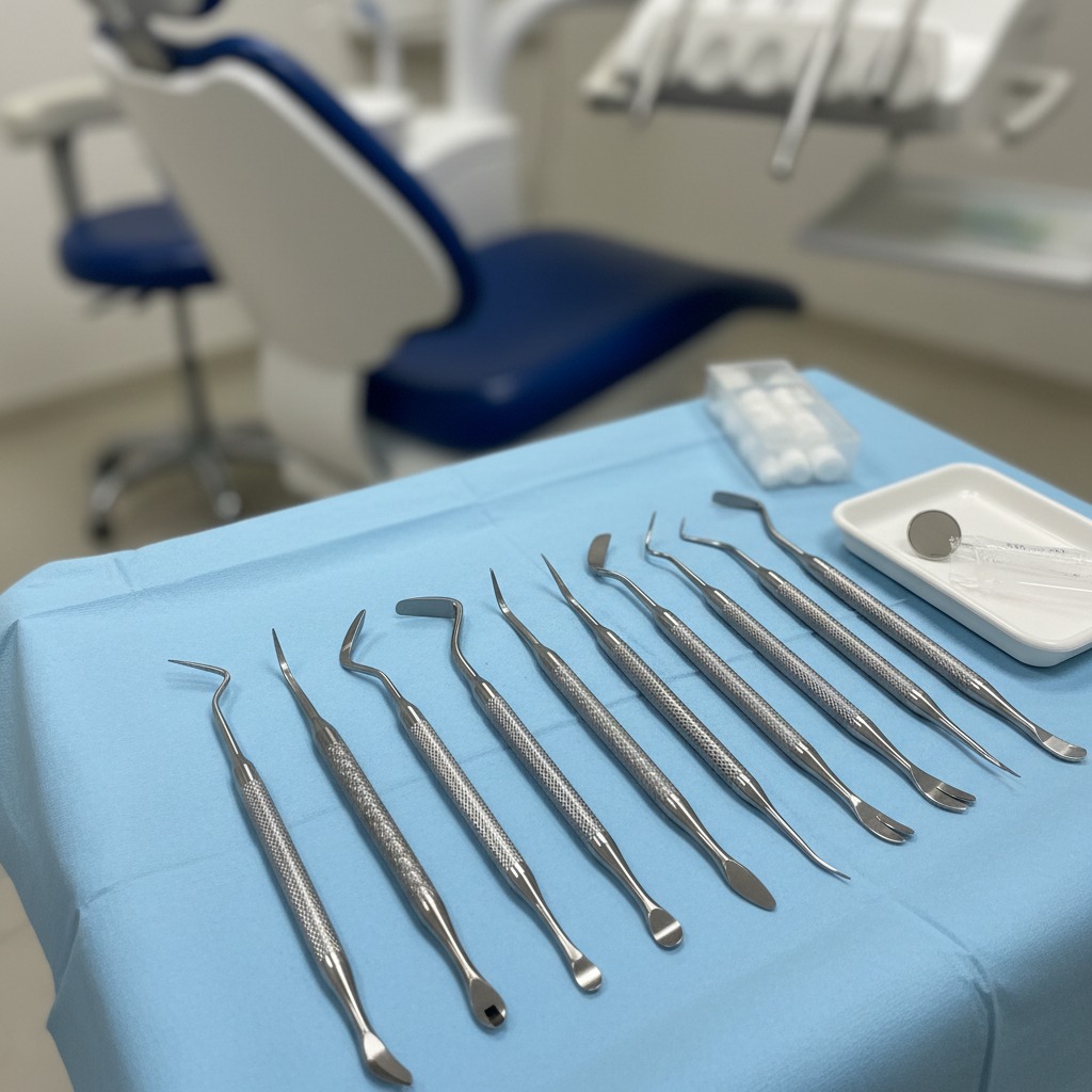 A row of stainless steel dental instruments is arranged neatly on a blue tray in a dental office.