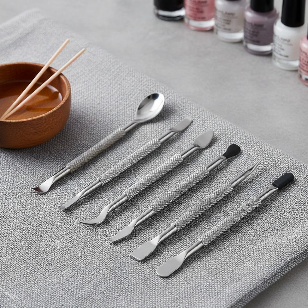 A set of six stainless steel manicure tools with textured handles lies on a gray cloth next to a small wooden bowl of oil and several bottles of nail polish.